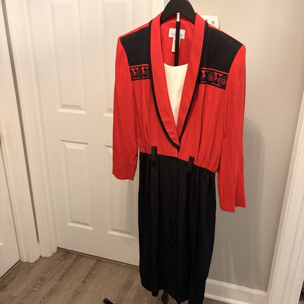 Vtg 80s Periwinkle Mock Jacket Dress One Piece Red Black Colorblock Belt Sz 12